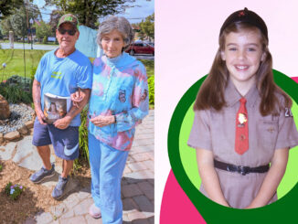 Rosemarie D’Alessandro, founder of the Joan’s Joy Foundation, with Jerry Romano of Liquid Designz, who refurbished the Child Safety Forever fountain at the White Butterfly Garden and pledged to maintain it at no cost. The garden honors Joan Angela D’Alessandro (right), whose memory inspires the annual Joan’s Joy Child Safety Festival.
