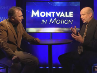 Tuned in: Anthony “Tony” Salerno Jr., left, hosts Pascack Press senior reporter Michael Olohan on “Montvale in Motion” in late August. Salerno also recently interviewed residents singer/actress/teacher/director Rachel Menconi, Mayor Michael Ghassali, and Bergen County Commissioner Tom Sullivan. Screenshot.