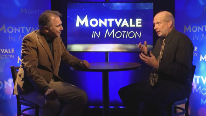 Tony Salerno, Mike Olohan, Montvale in Motion Tuned in: Anthony “Tony” Salerno Jr., left, hosts Pascack Press senior reporter Michael Olohan on “Montvale in Motion” in late August. Salerno also recently interviewed residents singer/actress/teacher/director Rachel Menconi, Mayor Michael Ghassali, and Bergen County Commissioner Tom Sullivan. Screenshot.
