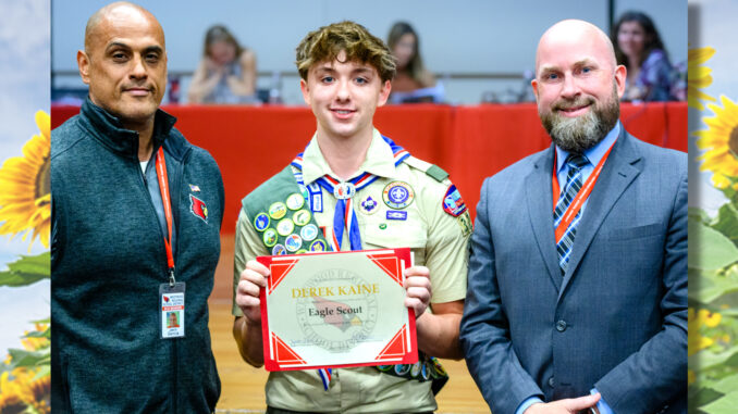 Derek Kaine, WT BSA 321 Township of Washington BSA Troop 321 Derek Kaine is recognized at the Westwood Regional School Board meeting on Sept. 18, 2025. Flanking him are proud school board president Jason Garcia and superintendent Dr. Patrick McQueeney. John Snyder photo.