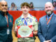 Township of Washington BSA Troop 321 Derek Kaine is recognized at the Westwood Regional School Board meeting on Sept. 18, 2025. Flanking him are proud school board president Jason Garcia and superintendent Dr. Patrick McQueeney. John Snyder photo.
