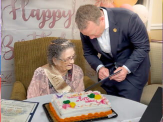 U.S. Rep. Josh Gottheimer (D-5) visits with Emerson resident Emma Chance at Brookdale Emerson Assisted Living, bestowing honors on the happy event of her 101st birthday. Screenshot from video sent by the office of Josh Gottheimer..