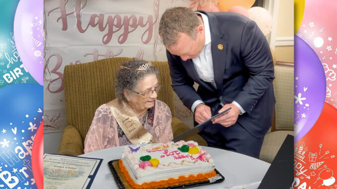 U.S. Rep. Josh Gottheimer (D-5) visits with Emerson resident Emma Chance at Brookdale Emerson Assisted Living, bestowing honors on the happy event of her 101st birthday. Screenshot from video sent by the office of Josh Gottheimer..