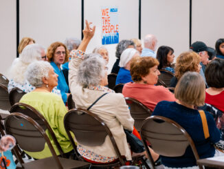 Audience members at the League of Women Voters of Bergen County’s Constitution Day program in Westwood, Sept. 17, 2025. The event drew a full house for a panel discussion on the state of American democracy. John Snyder photo.
