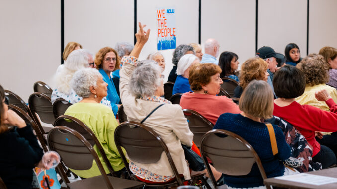 Audience members at the League of Women Voters of Bergen County’s Constitution Day program in Westwood, Sept. 17, 2025. The event drew a full house for a panel discussion on the state of American democracy. John Snyder photo.
