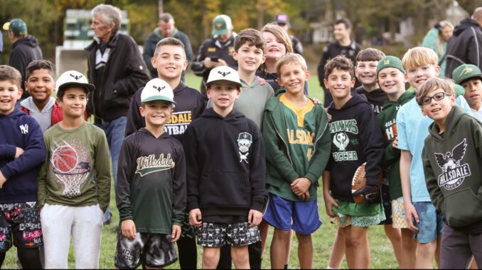 Hillsdale groundbreaklng at Memorial Field — Anthony DeRosa Aspiring Hillsdale athletes gather to witness the start of the Memorial Field project, looking forward to playing on new football, baseball and softball fields. Anthony DeRosa photo.