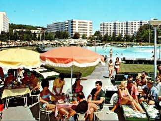 A classic summer day at a Catskills resort during the Borscht Belt’s mid-century heyday, where poolside entertainment, family vacations, and socializing were all part of the experience.