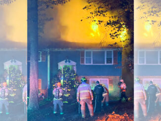 Firefighters battle a blaze at 29 Ellen Court in Hillsdale early Oct. 21. Ten firefighters sustained non-life-threatening injuries after a flashover occurred inside the structure. The cause of the fire is under investigation by the Bergen County Prosecutor’s Office Arson Squad and the Hillsdale Fire Marshal, officials said. HFD photo.