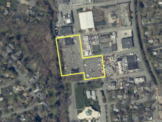Aerial view of the proposed Hillsdale Self Storage site in the Patterson Street Redevelopment Zone. The applicant seeks approval to build a four-story, 110,000-square-foot self-storage facility and a 72-space vehicle parking lot. Traffic, flooding, and stormwater management concerns were the focus of testimony at the Planning Board’s Oct. 10 hearing. Source: NJGeoWeb, 2025.