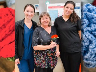 Making a difference: Pascack Hills High School senior Valerie Kimel with infusion nurses Erin Melvin and Cheryl Butler. Courtesy photo.