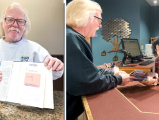 Westwood firefighter Bill Quinn Jr. returns his late mother, Mary’s, copy of a suspense classic to Washington Township Public Library staffer Susan Seligman, precisely 20 years past due, after finding it in his late father, Bill’s, effects. He’d have returned it sooner but he got caught up in the story. John Snyder photos.
