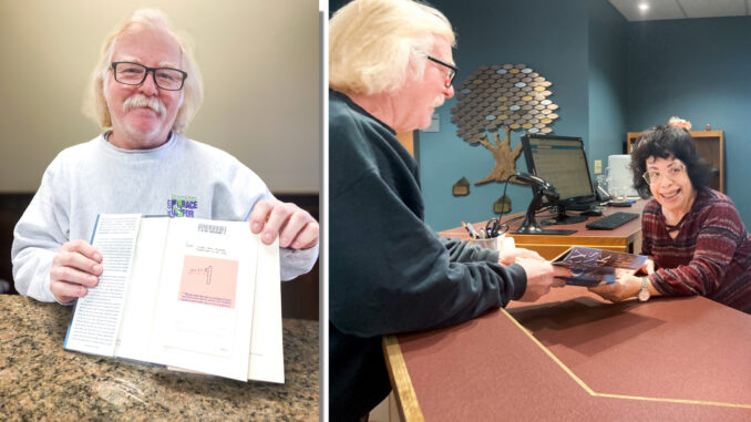 Westwood firefighter Bill Quinn Jr. returns his late mother, Mary’s, copy of a suspense classic to Washington Township Public Library staffer Susan Seligman, precisely 20 years past due, after finding it in his late father, Bill’s, effects. He’d have returned it sooner but he got caught up in the story. John Snyder photos.
