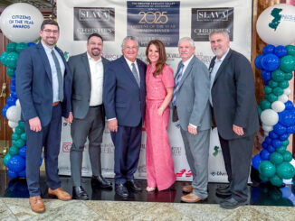 From left: Chamber Vice President Anthony Rizzo, Technology Director Ralph Crespo, Citizens of the Year Peter Wells and Jennifer Keilly Errity, Treasurer Ken Baron, and President Tony Pallogudis at Seasons on Oct. 21. GPVCOC photo.