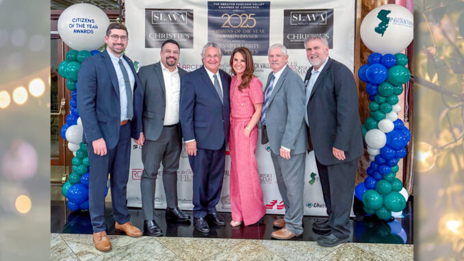 From left: Chamber Vice President Anthony Rizzo, Technology Director Ralph Crespo, Citizens of the Year Peter Wells and Jennifer Keilly Errity, Treasurer Ken Baron, and President Tony Pallogudis at Seasons on Oct. 21. GPVCOC photo.