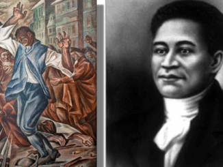 Left: “Crispus Attucks,” a 1943 mural by Herschel Levit at the Recorder of Deeds Building in Washington, D.C., honors the sailor of African and Indigenous ancestry who became the first casualty of the Boston Massacre on March 5, 1770. Attucks’ death helped ignite the movement toward American independence. (Library of Congress.) Right: Crispus Attucks portrait, © Archive Photos, Encyclopedia Britannica.