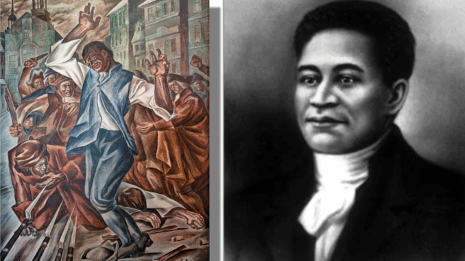 Left: “Crispus Attucks,” a 1943 mural by Herschel Levit at the Recorder of Deeds Building in Washington, D.C., honors the sailor of African and Indigenous ancestry who became the first casualty of the Boston Massacre on March 5, 1770. Attucks’ death helped ignite the movement toward American independence. (Library of Congress.) Right: Crispus Attucks portrait, © Archive Photos, Encyclopedia Britannica.