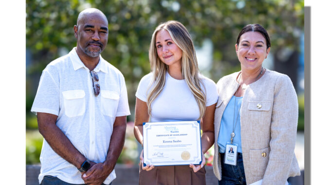 At center: Emma Szabo of Montvale accepts a Health Sciences Scholarship from Christopher Bryant, Board Member, Sharing Network Foundation, and Amanda A. Tibok, Executive Director, Sharing Network Foundation. (Photo Credit: Courtesy of NJ Sharing Network).