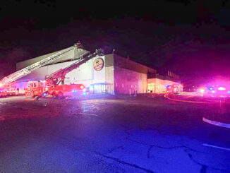 Firefighters from Hillsdale and mutual aid departments operate at ShopRite early Nov. 15 after a sprinkler-controlled fire broke out in the store’s bakery area. Crews stretched a line, confirmed no extension, and spent more than an hour ventilating the large building. (Photo courtesy Hillsdale Fire Department)