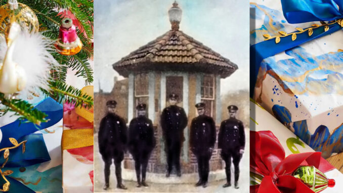 Hillsdale’s police force in 1928: James Holland, Charles Bulach, Chief Lawrence Foley, William Bulach, and Henry Koelsch. The starting salary for a Hillsdale police officer was $1,650, while the chief made $2,000 a year.