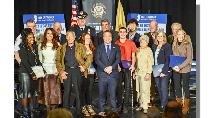 U.S. Rep. Josh Gottheimer with the Fifth District’s latest “Hometown Heroes” honorees at the district’s Hometown Heroes Ceremony, held Monday, Dec. 15 at the Barrymore Film Center in Fort Lee — among them Westwood student leader Jordan Schwartz, Woodcliff Lake resident Jennifer Errity, and Montvale honorees Valerie Kimel and Chief Geoffrey Gibbons. Via Haradan Bottomley of Joshh Gottheimer’s office.