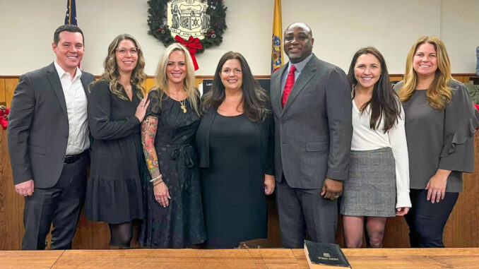 OFF AND RUNNING: Mayor Danielle DiPaola is flanked by newly sworn councilmembers Nicole Argenzia, left, and O’Neil Ellis, right, joined by council members Michael Timmerman and Megan Ciolino, left, and Ashley Sayers and newly named Council President Ashley Rice, right. (Submitted photo)