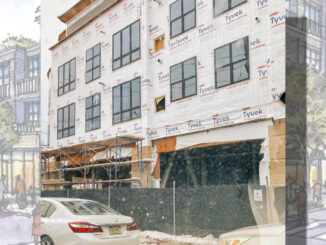 Going nowhere fast: Detail of the cold shell of the once-vaunted, always controversial Citizen Emerson Station mixed-use redevelopment dominating Kinderkamack between Lincoln and Linwood, in a moment from January. John Snyder photo.