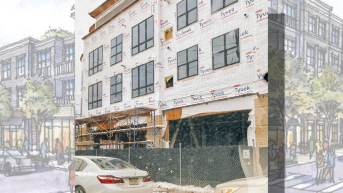 Going nowhere fast: Detail of the cold shell of the once-vaunted, always controversial Citizen Emerson Station mixed-use redevelopment dominating Kinderkamack between Lincoln and Linwood, in a moment from January. John Snyder photo.