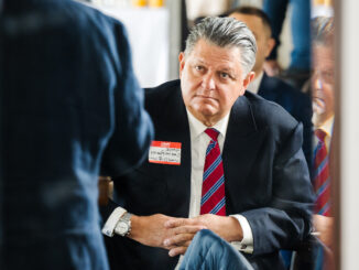Woodcliff Lake Mayor Carlos Rendo listens to his Park Ridge counterpart, Keith Misciagna, delivers remarks at the Greater Pascack Valley Chamber of Commerce Breakfast with the Mayors, held at Tavern at the Iron Horse in Westwood on Wednesday, Jan 21, 2026. John Snyder photo.