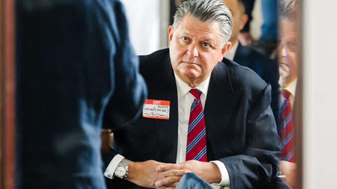 Woodcliff Lake Mayor Carlos Rendo listens to his Park Ridge counterpart, Keith Misciagna, delivers remarks at the Greater Pascack Valley Chamber of Commerce Breakfast with the Mayors, held at Tavern at the Iron Horse in Westwood on Wednesday, Jan 21, 2026. John Snyder photo.