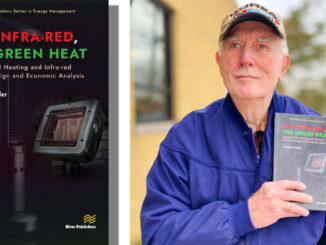Hillsdale’s George Kritzler, a world authority on energy efficiency, is hitting the road this year to get his book, “Gas Infra-red, the Green Heat,” into the hands of students in his field. Left: at our newsroom, with the portrait accompanying his book — taken when he was president of the Association of Energy Engineers — and a copy of his new hardcover title. John Snyder photo.