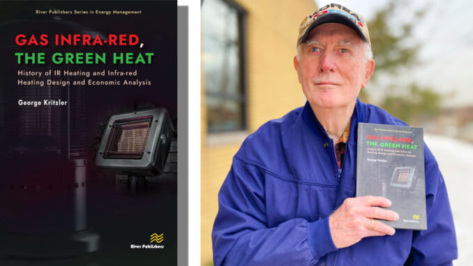 Hillsdale’s George Kritzler, a world authority on energy efficiency, is hitting the road this year to get his book, “Gas Infra-red, the Green Heat,” into the hands of students in his field. Left: at our newsroom, with the portrait accompanying his book — taken when he was president of the Association of Energy Engineers — and a copy of his new hardcover title. John Snyder photo.
