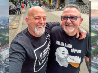 Woodcliff Lake’s Scott McDowell and Wappingers Falls, N.Y.’s Paulie Becker in Hanoi this month. Becker, a U.S. Army special forces veteran, returned from the war with PTSD. McDowell saw to it that his friend would get to return—both to Vietnam, which welcomed him warmly, and to a grateful Pascack Valley homecoming. Portrait courtesy McDowell; background image of Hanoi: Getty Images.