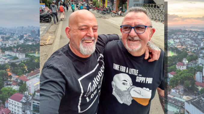 Woodcliff Lake’s Scott McDowell and Wappingers Falls, N.Y.’s Paulie Becker in Hanoi this month. Becker, a U.S. Army special forces veteran, returned from the war with PTSD. McDowell saw to it that his friend would get to return—both to Vietnam, which welcomed him warmly, and to a grateful Pascack Valley homecoming. Portrait courtesy McDowell; background image of Hanoi: Getty Images.