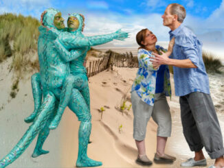 Directed by Tenafly’s Dottie Fischer, “Seascape” mixes comedy, drama and absurdity as retired couple Nancy (Leslie Darcy of Oakland) and Charlie (Owen Sheridan of Leonia) meet human-sized lizards Sarah (Katie Maul of Fair Lawn) and Leslie (Ian Murphy of Dumont) emerging from the sea. Richard Frant cast photo.