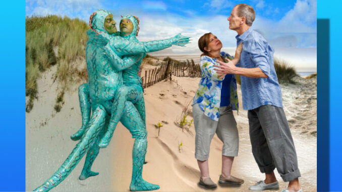 Directed by Tenafly’s Dottie Fischer, “Seascape” mixes comedy, drama and absurdity as retired couple Nancy (Leslie Darcy of Oakland) and Charlie (Owen Sheridan of Leonia) meet human-sized lizards Sarah (Katie Maul of Fair Lawn) and Leslie (Ian Murphy of Dumont) emerging from the sea. Richard Frant cast photo.