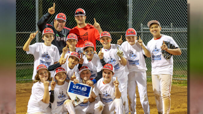 Championship moment: Left to right, top to bottom: Ryan Smith, Elan Ofeck, Peyton Calonico, Mason Morris, Connor Smith, Matt Baez, Mikey Phelan, Joaquin Estabillo, Matthew Thompson, Adrian Augustyn, Damien Velez, Lincoln Drummon, and Liam Sager. (Credit PV Venom)