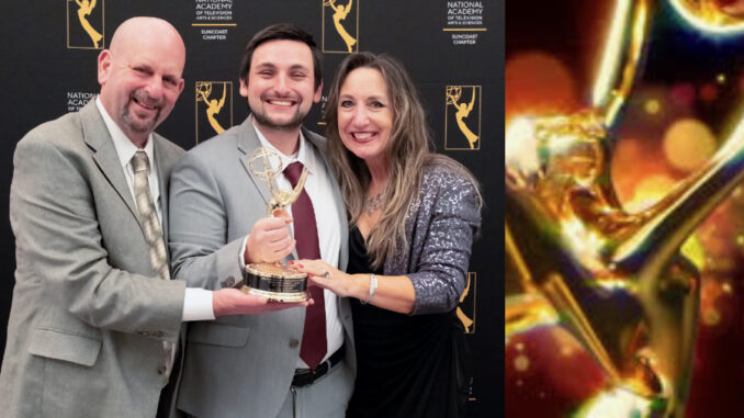 With his latest Emmy, Killian Gilroy poses with his parents, Mike and Chris, in a courtesy photo.