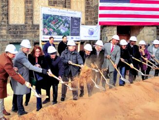 At the shovels Jan. 21, for the new Village School Commons, are Radame Perez, president of Mastermind Development LLC and master of ceremonies; Closter Mayor John Glidden; representatives of the New Jersey Housing and Mortgage Finance Agency (NJHMFA); project financing and development partners; and local elected officials and community leaders, including Closter HPC chair Tim Adriance. William J. Martin photo.