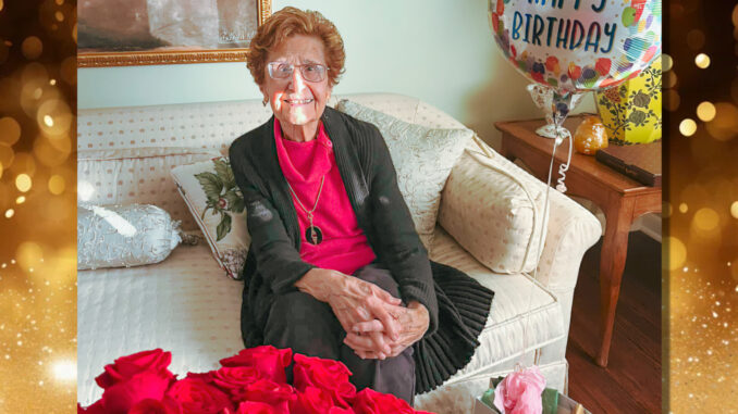 A bouquet of red roses blooms as Emerson resident Francesca Ianora, a beloved former schoolteacher in the borough, celebrates her 105th birthday — honored by the mayor and council at their Jan. 20 meeting. Mayor Danielle DiPaola, a former student of Ianora’s, calls her “one of our most treasured residents.” (Danielle DiPaola photo.)