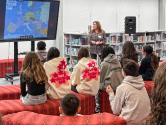 Rachel Fishman, whose grandmother survived the Holocaust, presents her family's story at Westwood Regional Middle School on Jan. 21. WWRSD photo.