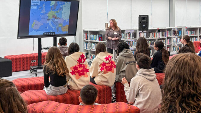 Rachel Fishman, whose grandmother survived the Holocaust, presents her family's story at Westwood Regional Middle School on Jan. 21. WWRSD photo.