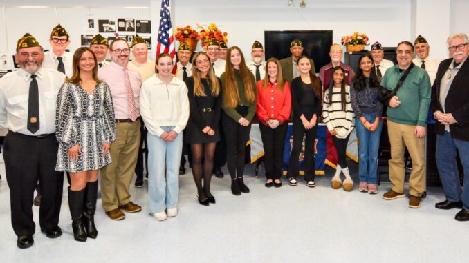 VFW Post 6192 student and teacher honorees are joined by school representatives, local officials, and post leaders following the Jan. 13 education awards ceremony at the Washington Township Senior Center, recognizing winners of the Patriot’s Pen and Voice of Democracy contests and the post’s 2025–26 Teachers of the Year. Courtesy photo.