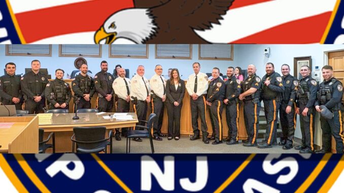 Township of Washington Police Chief Arsenio Pecora welcomes new Police Officer Jamie Daugherty at Monday’s Township Council meeting. Daugherty joins the department from the Essex County Sheriff’s Office and is the department’s second female police officer, Pecora said. From left: SO V. Montalbano, PO S. Riedel, PO N. Hiletzaris, Cpl. M. Sinatra, D/Cpl. R. Luscombe, Lt. R. Parsells, Capt. M. Glock, Chief A. Pecora, PO Jamie Daugherty, Lt. R. Scherer, D/Sgt. J. Gugger, Sgt. T. Cangialosi, Cpl. D. Ferrazzano, Sgt. M. Ferrarini, Sgt. C. Osenbruck, PO I. O’Hanlon, PO J. Boesch. (Photo courtesy of WTPD)