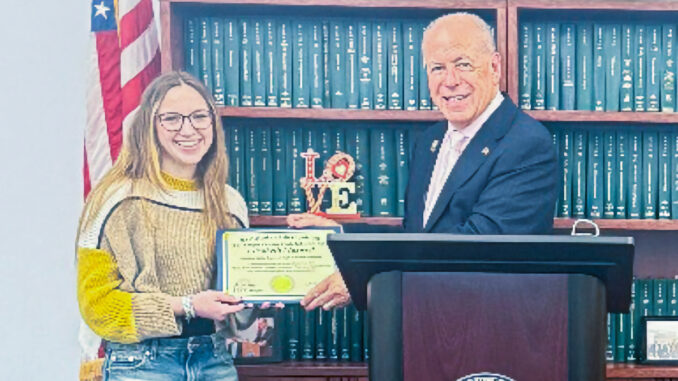 Bergen County Clerk John S. Hogan presents the Five-Star Student Award to Elizabeth Maxwell, a senior at Northern Valley Regional High School at Demarest. Courtesy photo.