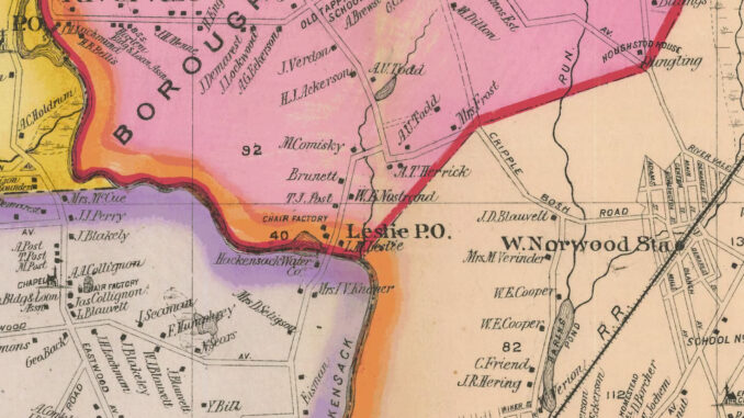 A 1902 map shows the Leslie Post Office on Westwood Avenue, just north of the Hackensack River. The River Vale–Old Tappan border area was known as Leslie at the turn of the 20th century.