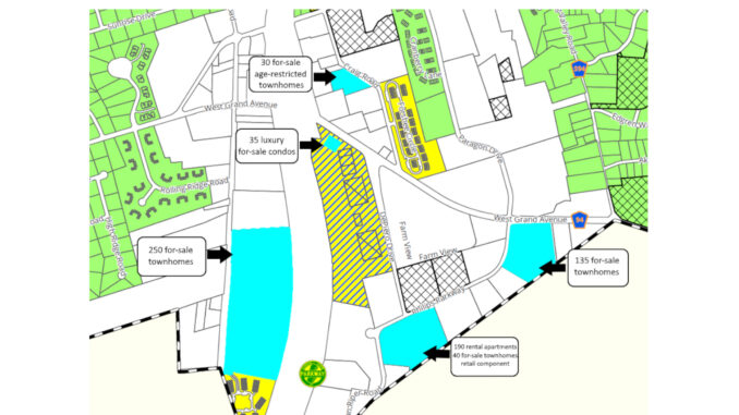 Proposed redevelopment sites in Montvale under the borough’s tentative affordable housing settlement framework, including projects near West Grand Avenue and Farm View. The plan could allow up to 680 housing units over 10 years, including affordable units. Source: Office of Mayor Mike Ghassali
