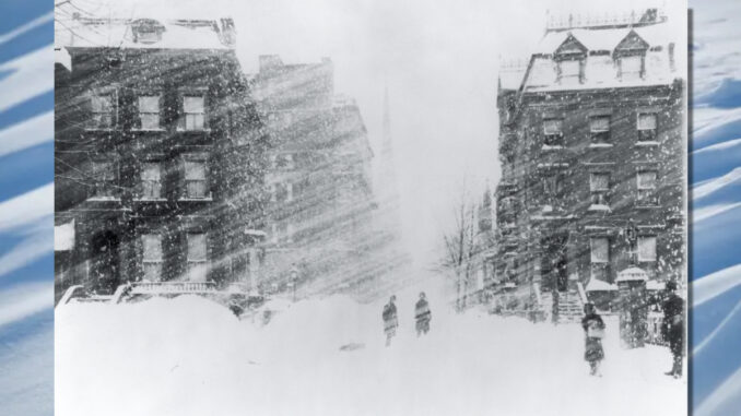 A street scene captured in New York City during the Blizzard of 1888.