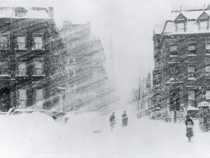A street scene captured in New York City during the Blizzard of 1888.