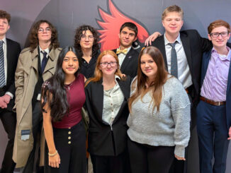 Westwood Regional High School’s academic decathlon team celebrates its third consecutive New Jersey state championship. Back row, from left: Elliott Beyer, Ean Connelly, Hudson Cerne, Nicholas Asfar, Andrew Gavenko; front row: Allyson Molina, Kriten Doyle, and Grace Dietze. (WACADECA photo)