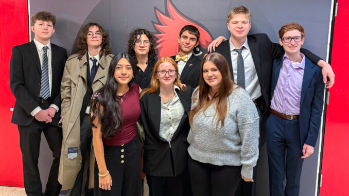 Westwood Regional High School’s academic decathlon team celebrates its third consecutive New Jersey state championship. Back row, from left: Elliott Beyer, Ean Connelly, Hudson Cerne, Nicholas Asfar, Andrew Gavenko; front row: Allyson Molina, Kriten Doyle, and Grace Dietze. (WACADECA photo)
